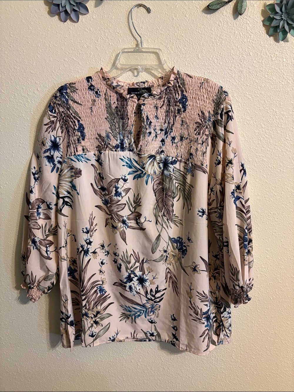Suzanne Betro Blush Floral Smocked Yoke Top with green Accents